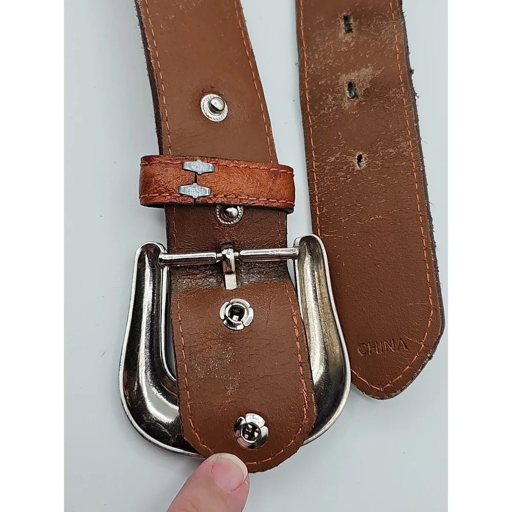 Vintage Western Brown Leather Belt Silver Conchos Ornate Buckle 38-42